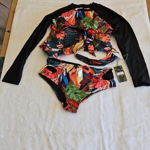 PEDDNEY Women's Multicolor Floral Bikini Set, Swim Shirt, High Waist, Size S